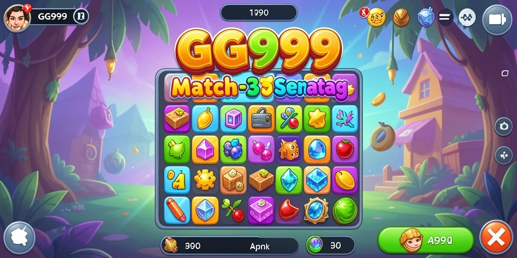 Screenshot GG999 menampilkan gameplay Match-3 dengan elemen berwarna-warni.
